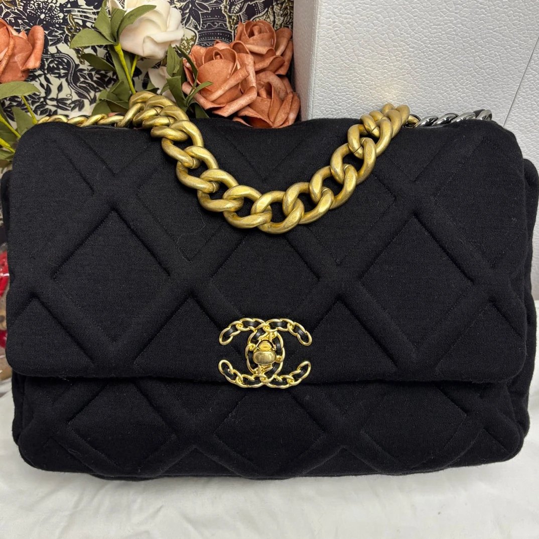 99新 Chanel/香奈儿 20C黑金扣布面面料19bag手提斜挎包