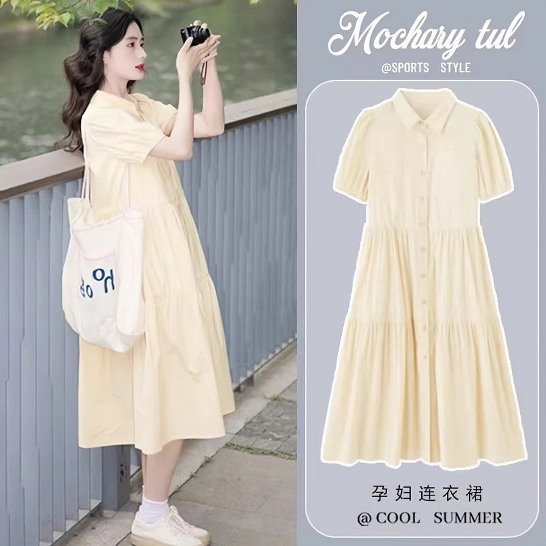 孕妇夏季连衣裙小清新短袖宽松孕期裙中长款夏装外穿显瘦淡黄裙子