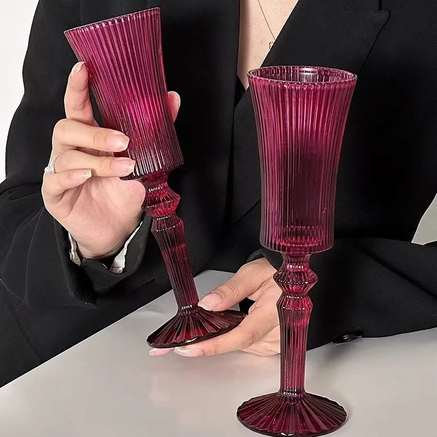 【两只装】复古创意小众酒红色双层竖条纹香槟杯家用高颜值高脚杯