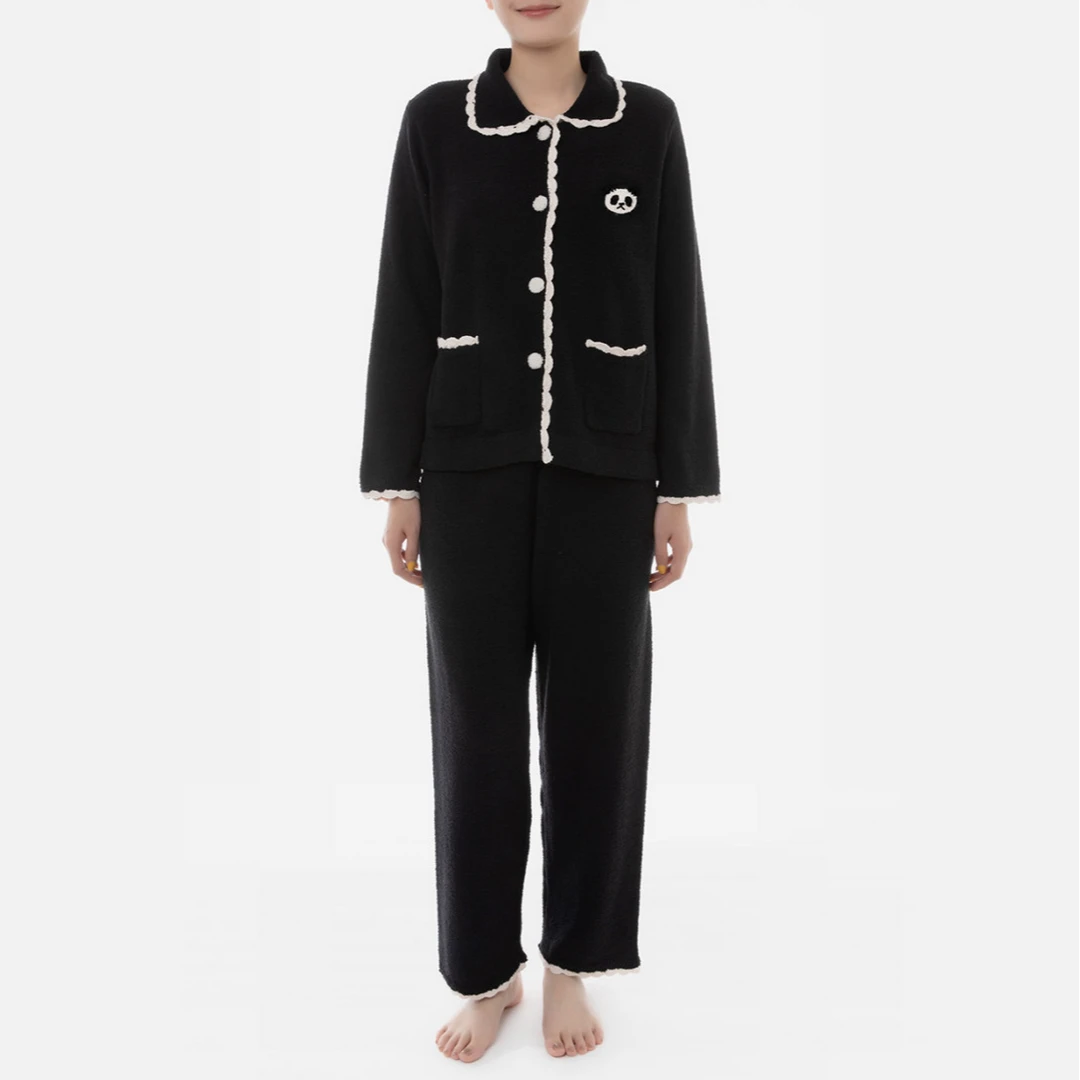 tbh/野兽派家居熊猫嘭嘭半边绒花边家居服套装宽松睡衣秋冬舒适