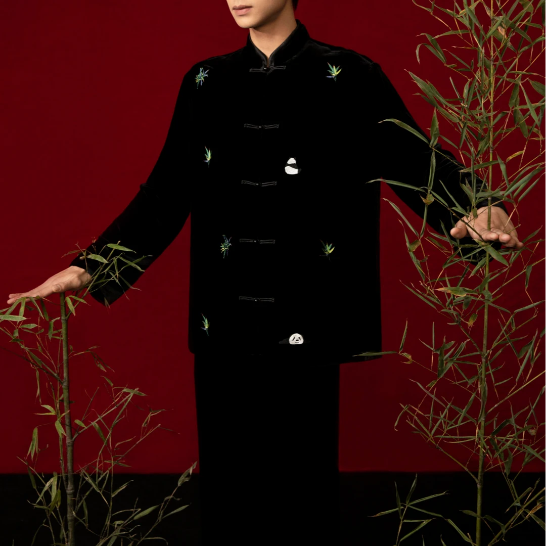 BEAST/野兽派熊猫噗噗黑色丝绒对襟套装男女同款宽松睡衣家居服