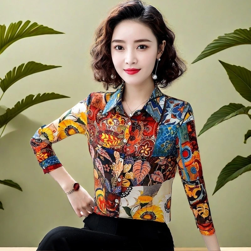 秋装花衬衫女复古新款碎花长袖雪纺衬衣中年妈妈春洋气时尚打底