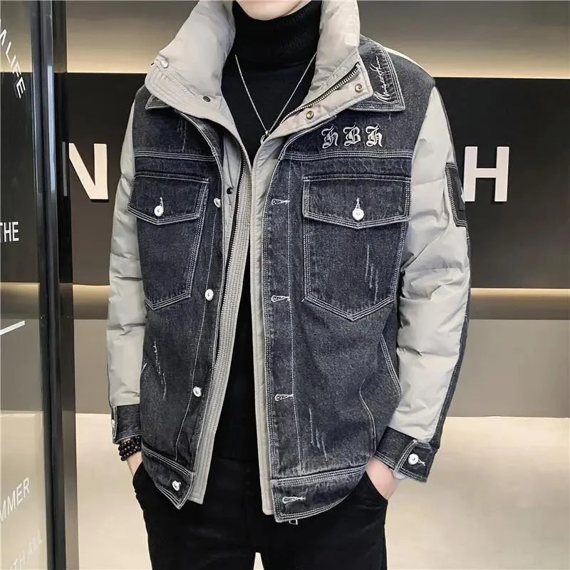 冬季男士羽绒服棉服2023年新款拼接牛仔假两件羽绒衣服加厚保暖