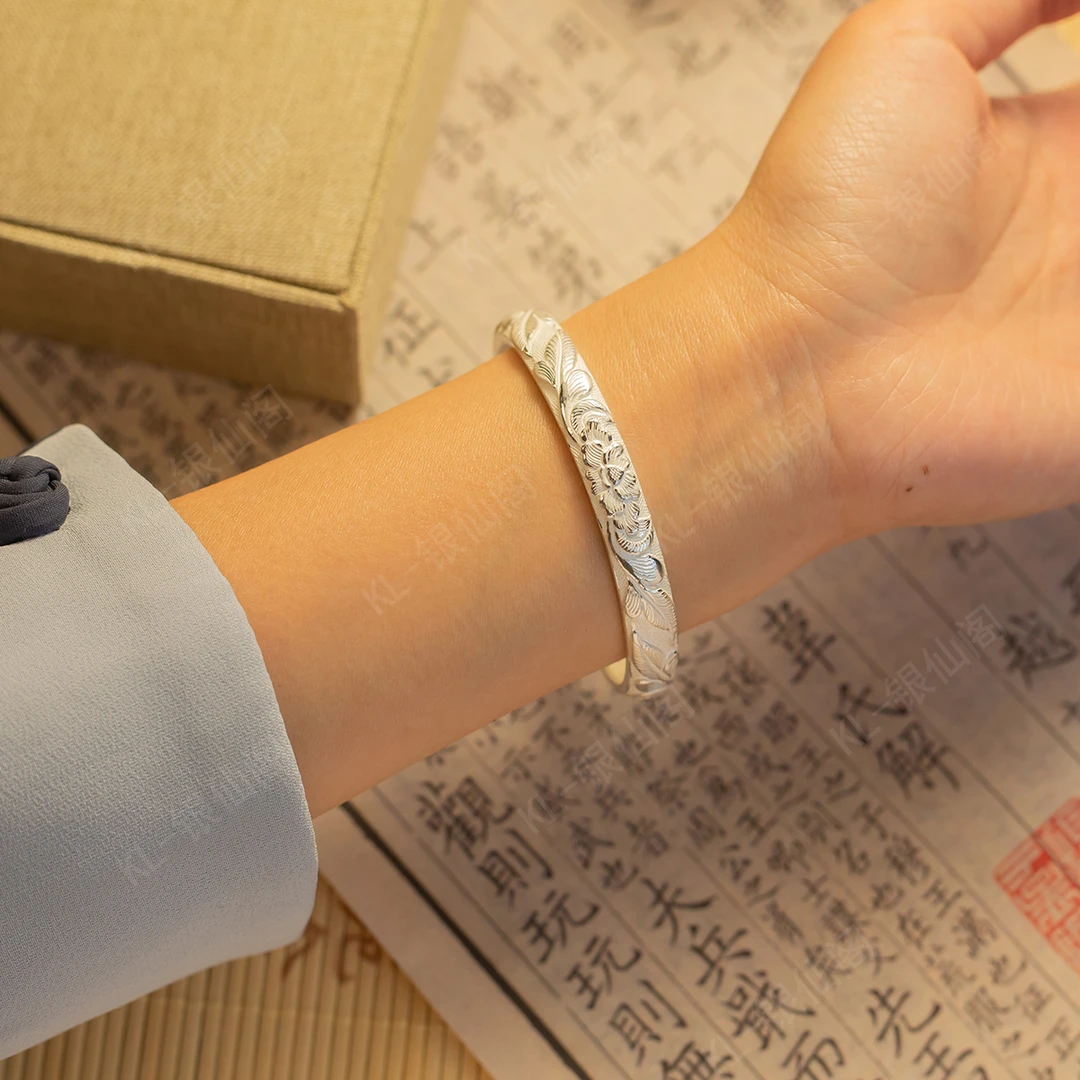 足银手镯 足银999亮面露华浓牡丹花足银手镯经典复古开口可调节