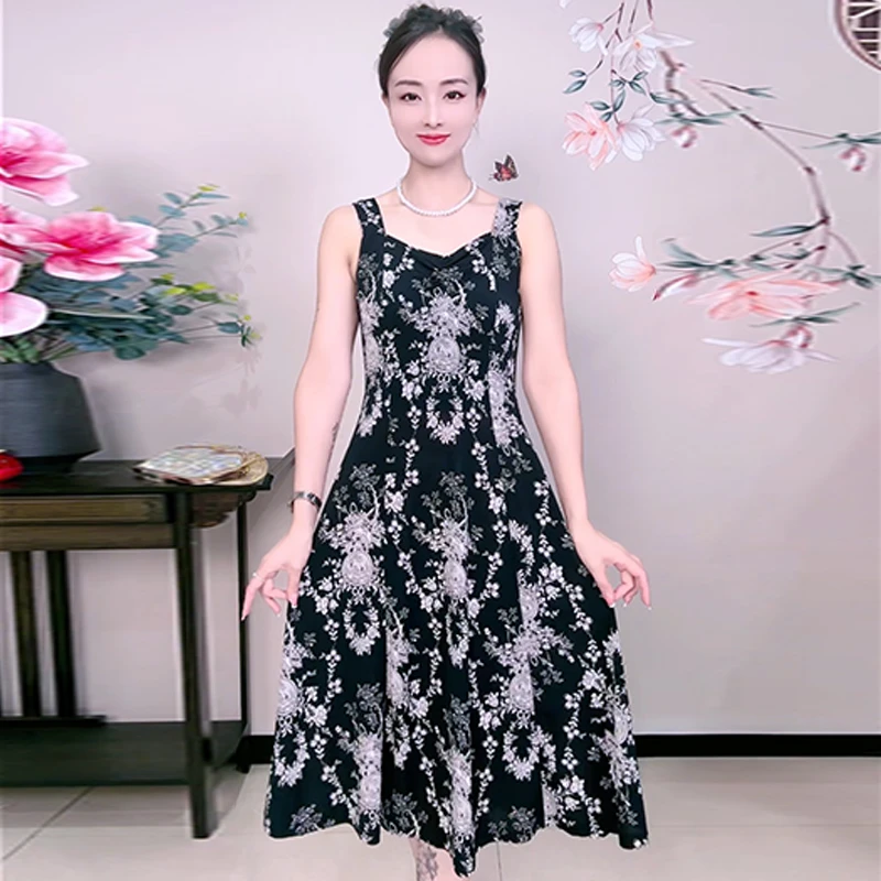 夏季吊带背心连衣裙中长款新款碎花裙子妈妈洋气吊带裙尤莱特穿搭