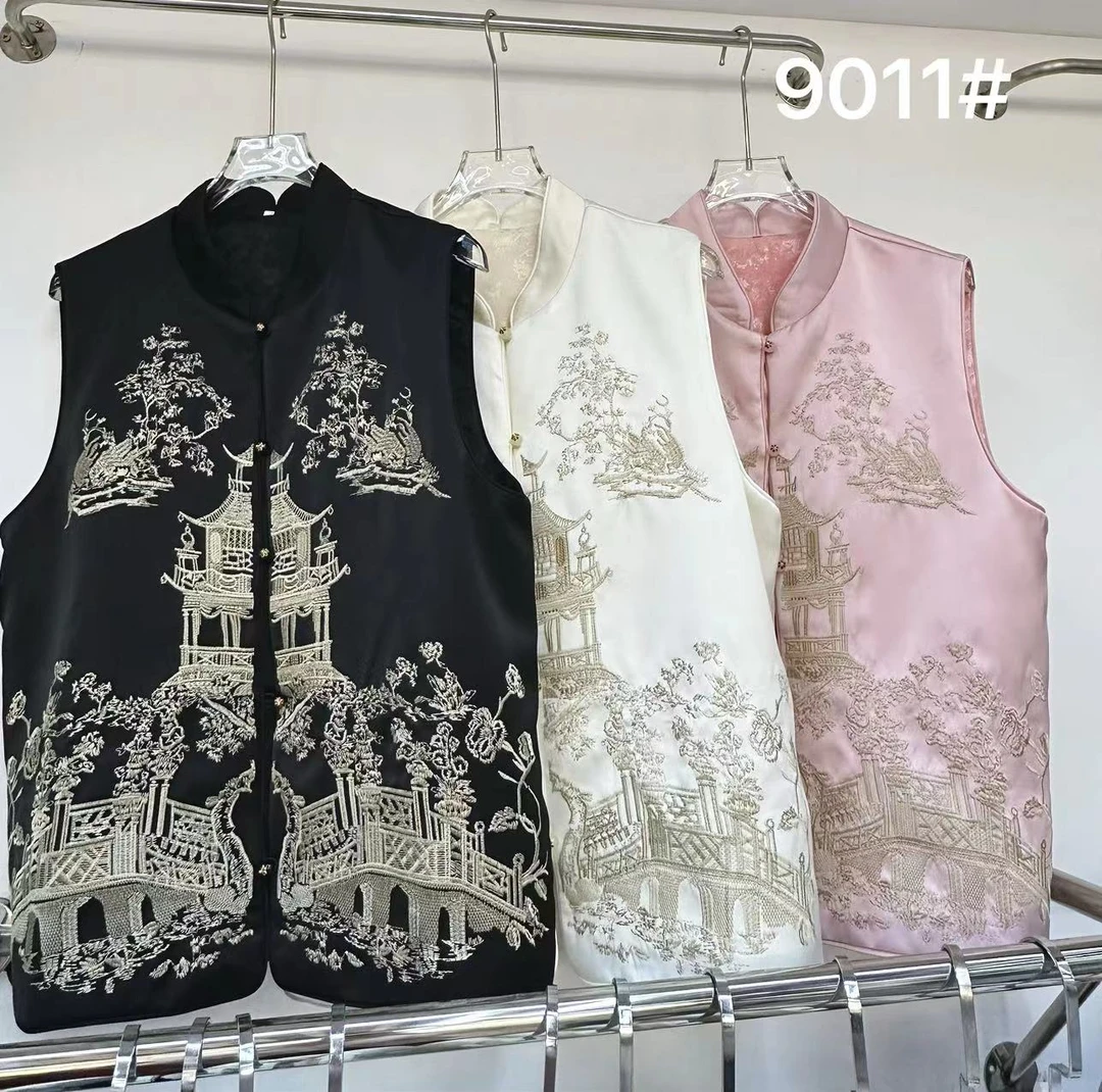 9011#-新款春款国风新中式（亭台楼阁）刺绣复古时尚立领百搭马夹女