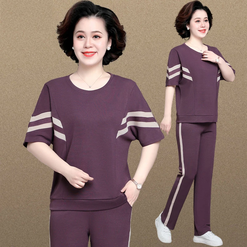 妈妈夏装短袖t恤中老年运动套装女春夏上衣中年人大码衣服两件套