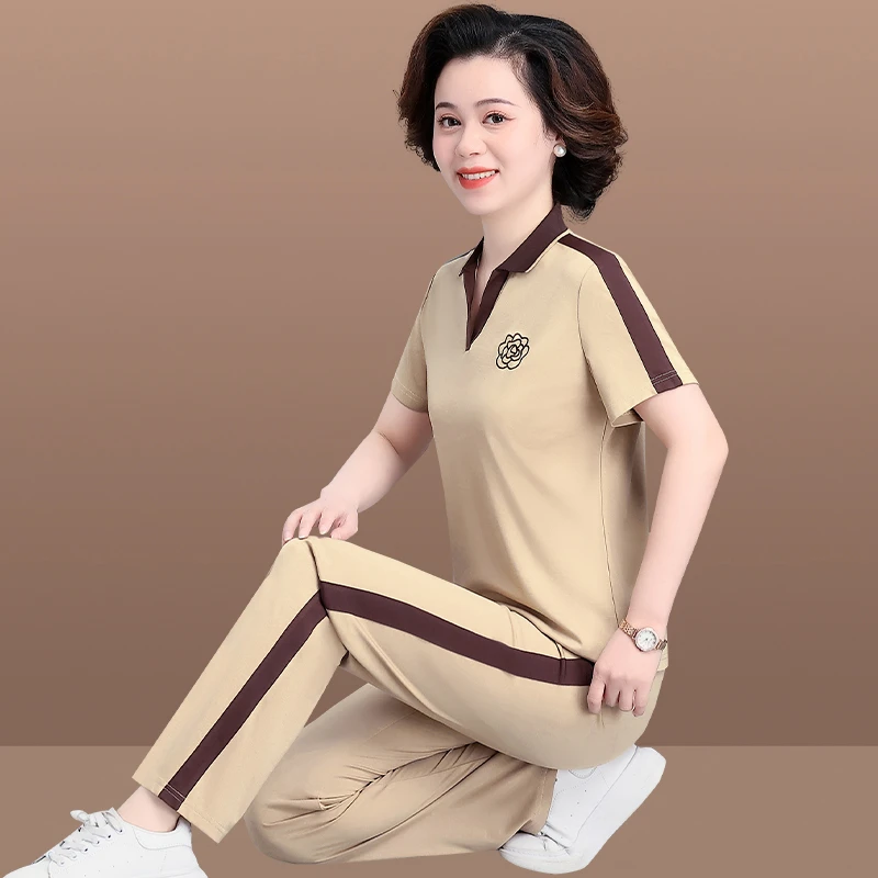 中年妈妈夏装运动服套装女短袖T恤洋气新款中老年夏季休闲两件套