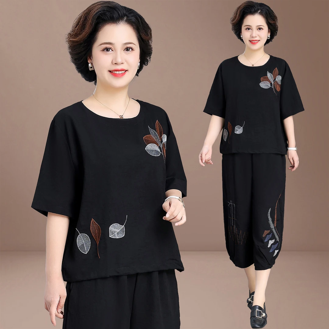 50岁妈妈夏装短袖套装2025新款洋气上衣中老年人女时尚t恤两件套
