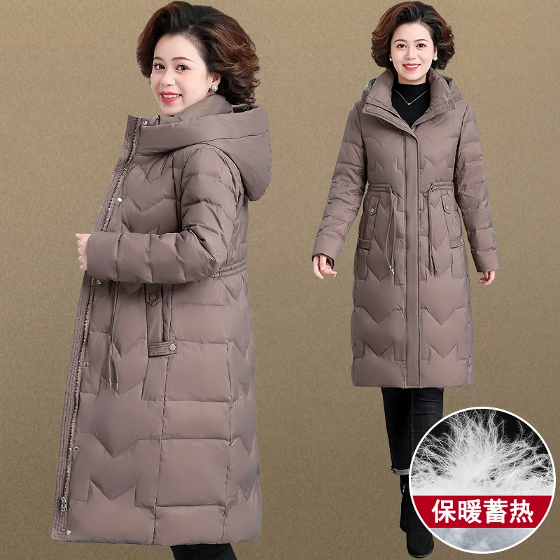 中年妈妈冬装保暖羽绒服长款过膝洋气中老年女装冬季加厚棉服棉袄
