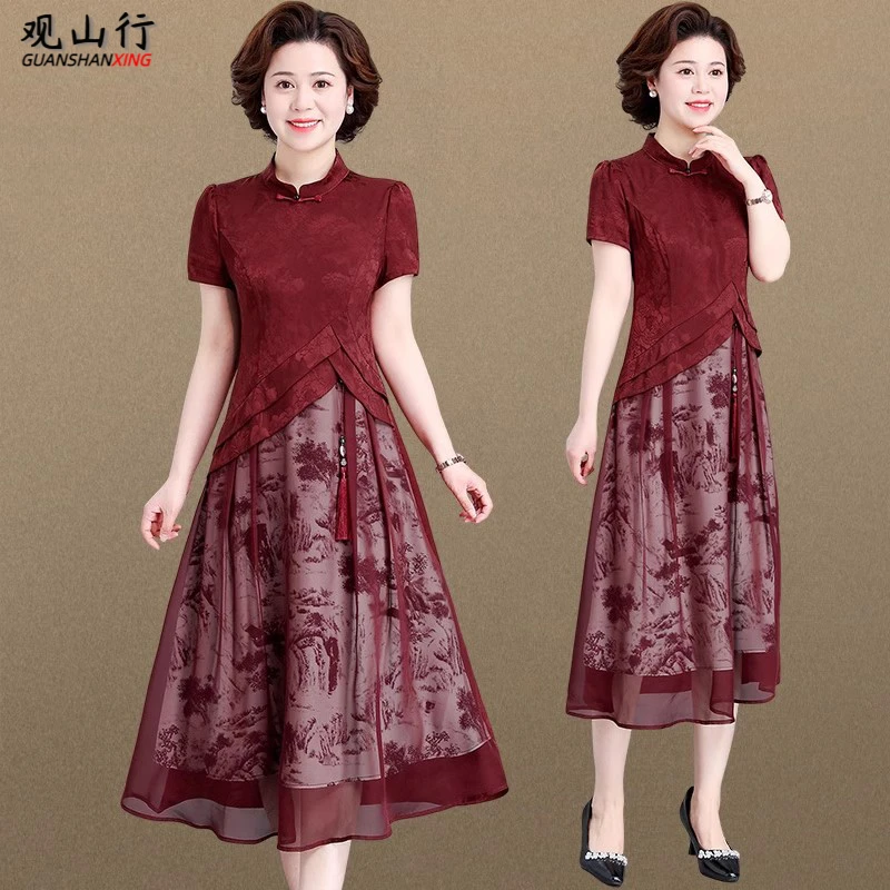 妈妈夏装连衣裙喜婆婆婚宴装气质改良旗袍裙子中老年女士结婚礼服
