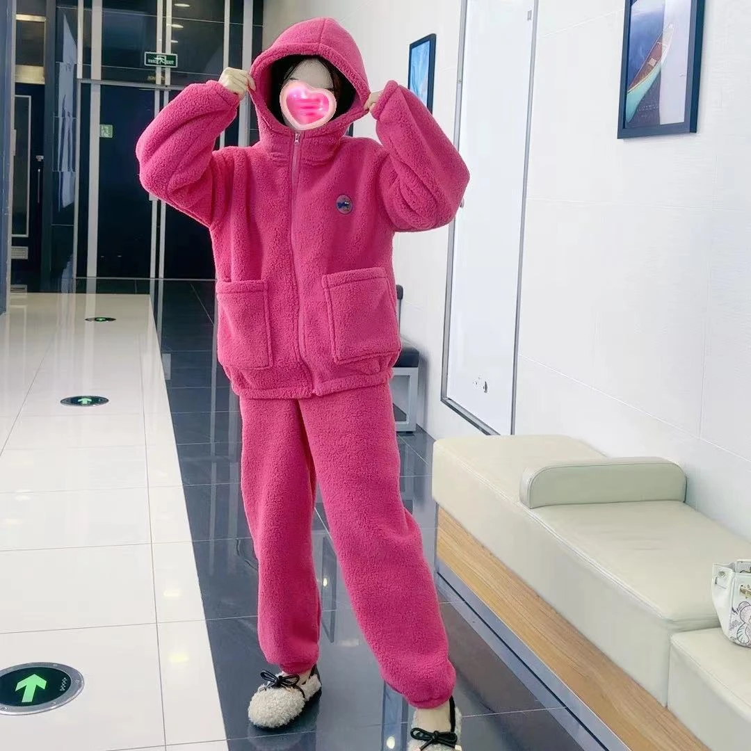 【摇粒绒】睡衣女冬季加厚卡通宽松家居服套装连帽韩版外穿