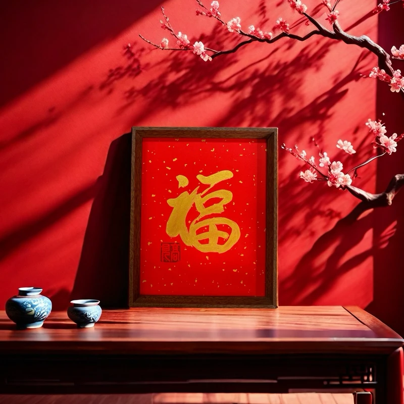 【福】高见书法手写相框摆台书法相框十寸金墨书法摆台茶室茶室装饰