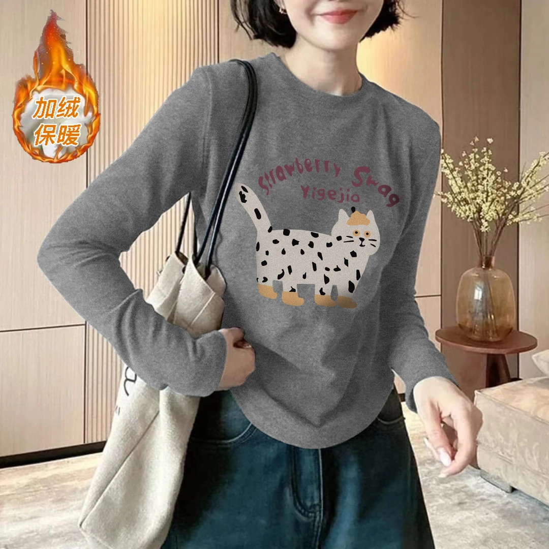 加绒保暖·外贸品质【数码印❧卡通猫咪】长袖T恤女百搭显瘦保暖24194