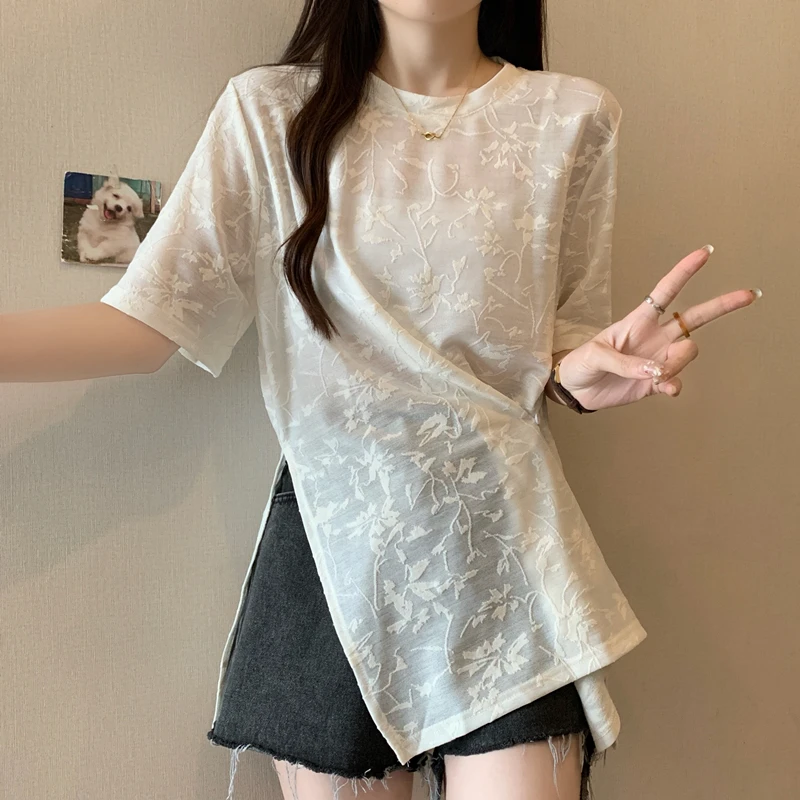 高级感提花短袖T恤女夏大码胖mm蕾丝罩衫不规则开叉收腰显瘦上衣