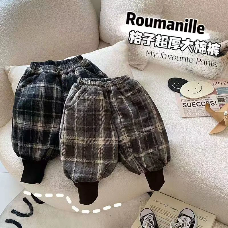 儿童加绒裤子冬装新款韩版男女童加厚羊羔绒格子束脚裤宝宝保暖裤