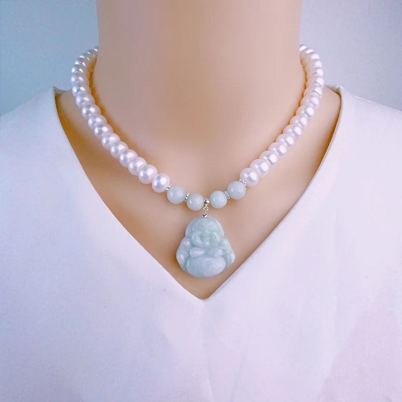 淡水真珍珠项链8-9椭圆强光925银扣元宝扣【翡翠弥勒佛白】