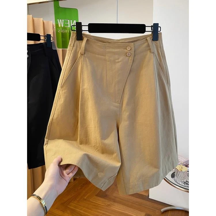 高级感卡其色工装外穿大码短裤女新款高腰a字直筒五分裤薄款裤子