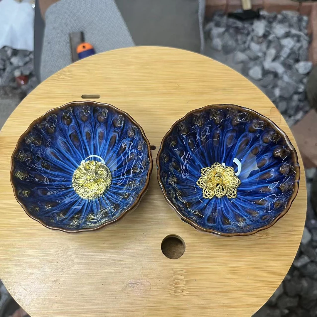 手工茶器 深海蓝窑变孔雀盘龙对杯