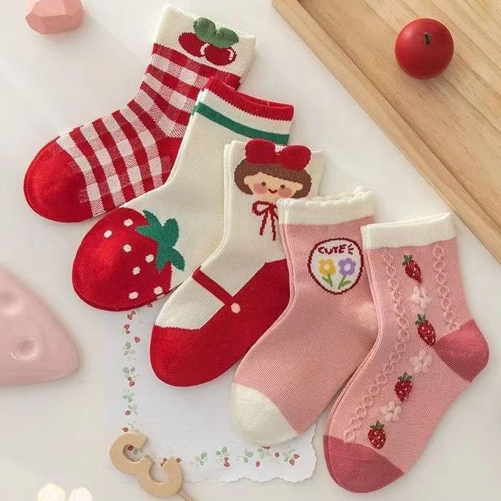【五双严选】女童袜子秋冬2023新款中筒卡通男童宝宝中大童春秋袜