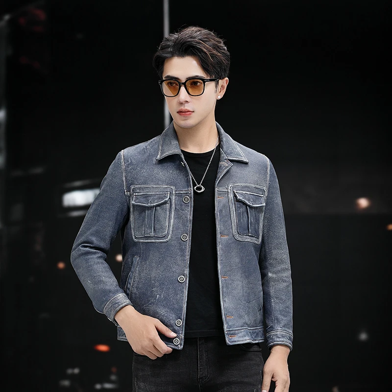 D23037新品头层山羊皮真皮皮衣男复古做旧翻领牛仔款皮夹克秋外套