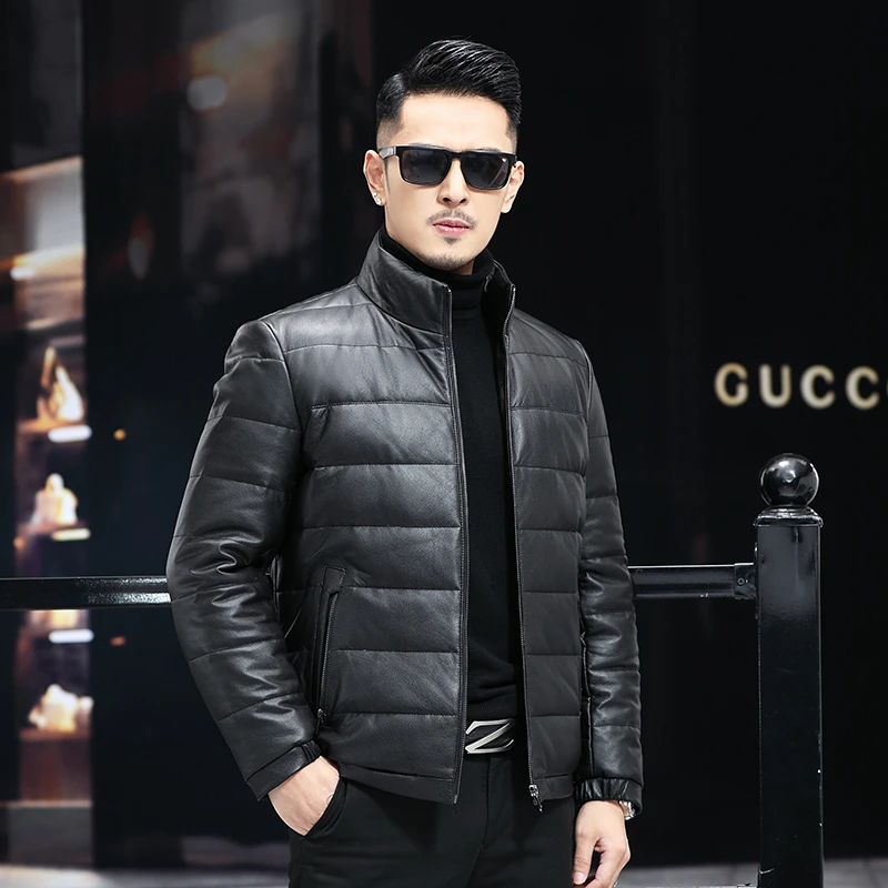 冬季海宁真皮皮衣男士头层牛皮立领白鹅绒羽绒服夹克加厚修身外套