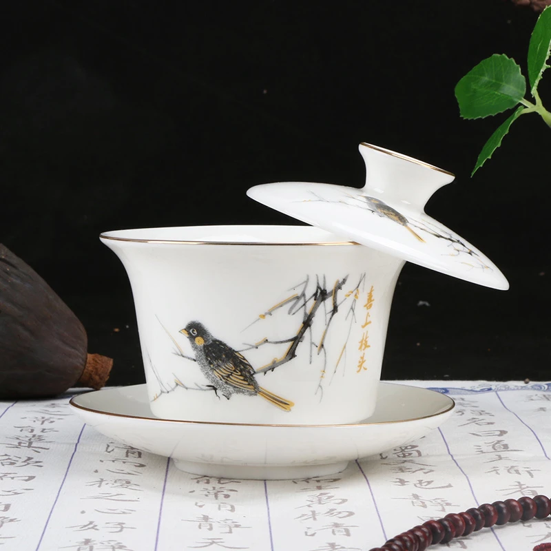 茶具摆件羊脂玉瓷三才悬停描金盖碗简约手工瓷盖碗中式带盖茶盖碗