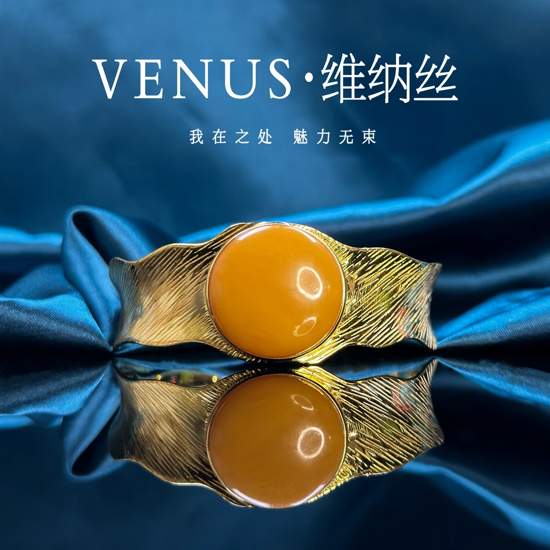 蜜蜡手镯圆面s925银22MM欧式手工拉丝工艺开口镯气质