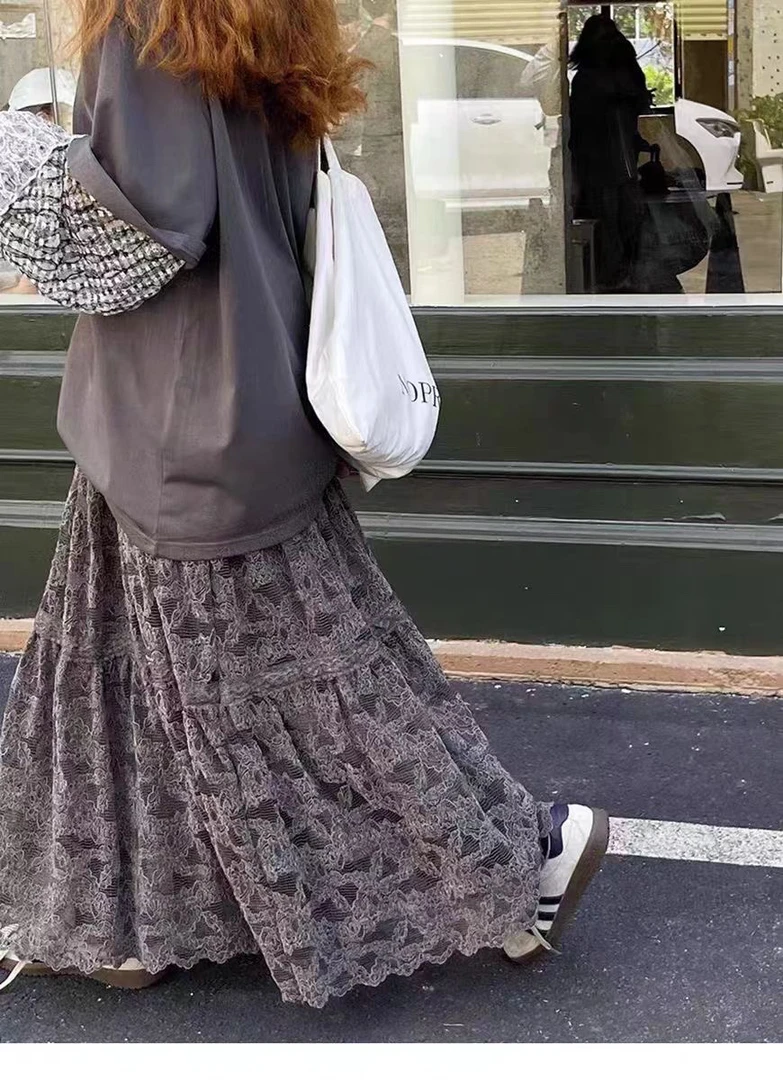 ins重工水溶蕾丝加厚植绒拼接蕾丝A字裙长裙子