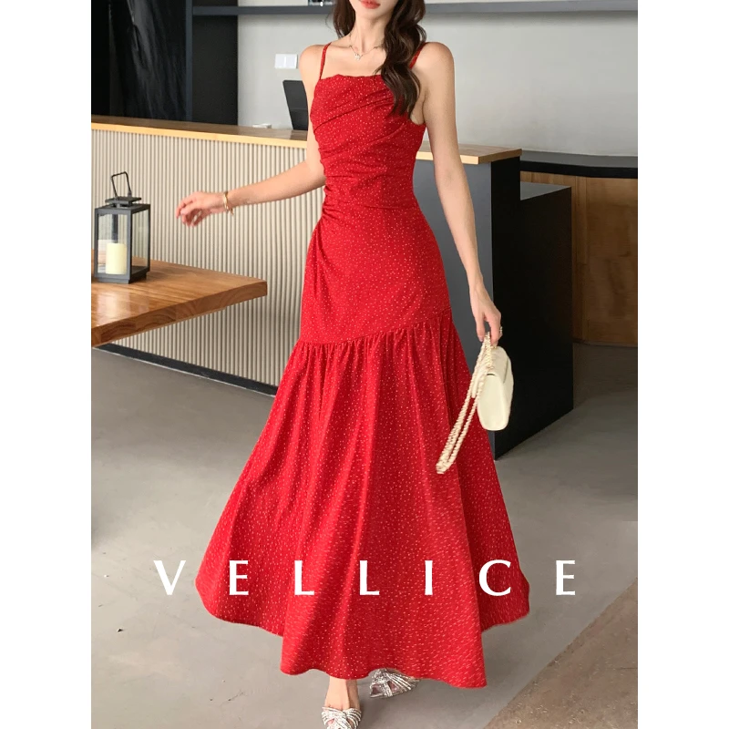 法式小众气质收腰显瘦过膝长款荷叶边鱼尾裙波点无袖吊带连衣裙女