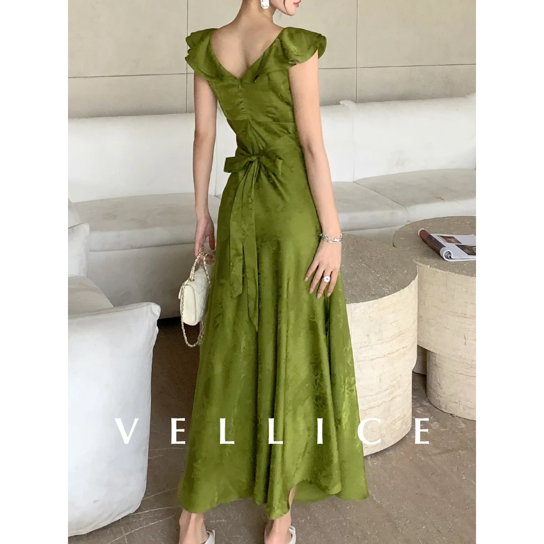 法式气质收腰显瘦绑带过膝及踝长裙V领荷叶边飞飞袖无袖连衣裙夏