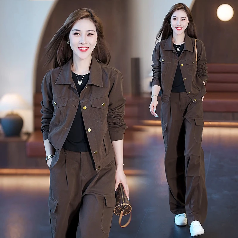 时尚牛仔套装女2024秋季新款洋气减龄短外套显瘦阔腿裤工装两件套