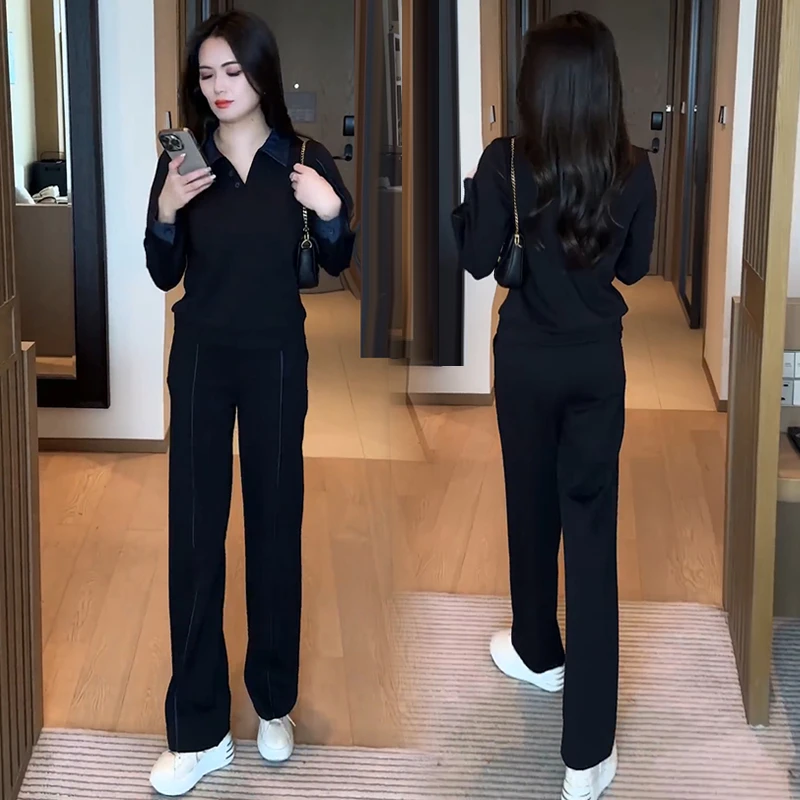 时尚休闲运动套装女秋季新款时髦洋气假两件上衣阔腿裤显瘦两件套