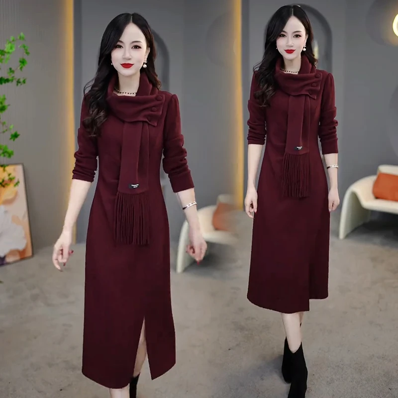 时尚设计感长袖连衣裙女2024秋冬新款洋气百搭气质中长款打底裙子