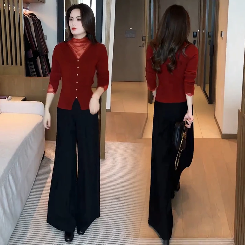 时尚套装女2024秋冬季新款设计感打底衫上衣阔腿裤气质显瘦两件套