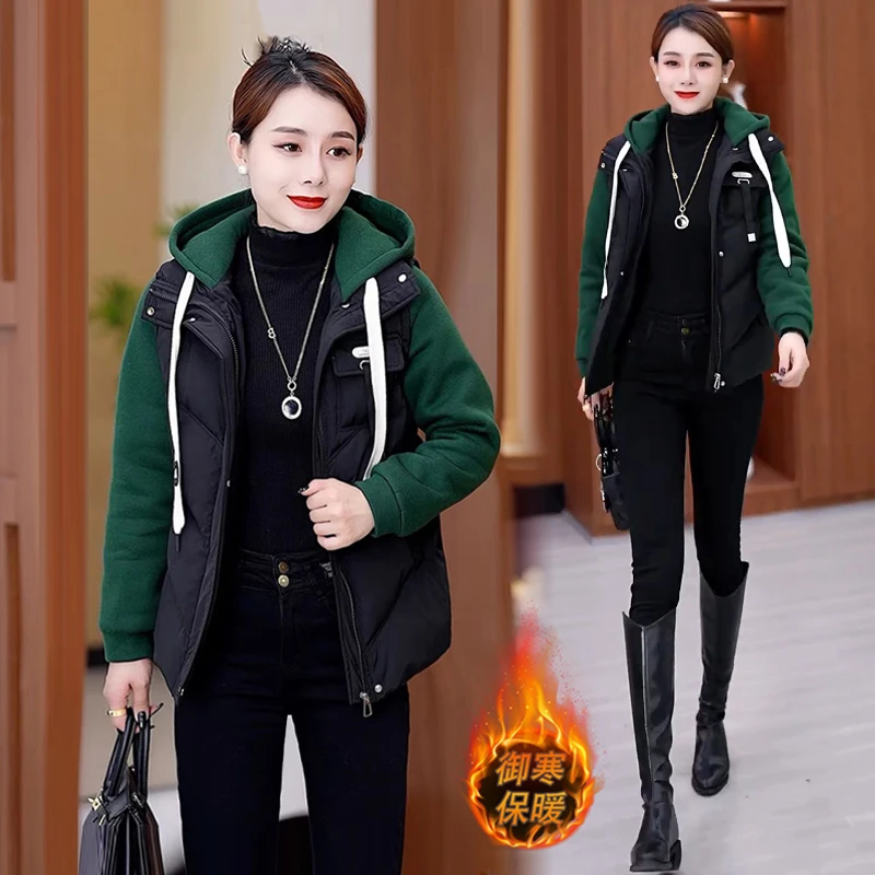 时尚洋气假两件棉服女2024冬季新款小个子加厚拼接连帽棉袄外套潮