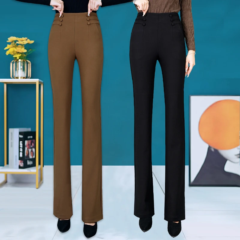 直筒长裤秋季直筒裤秋冬新款显瘦高腰时尚双排扣微喇弹力百搭加绒