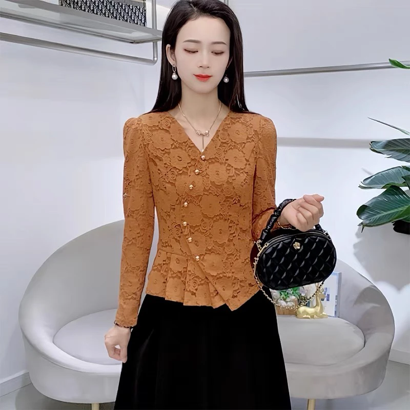 设计感V领蕾丝衫女2024秋季新款时尚洋气百搭修身显瘦打底衫上衣