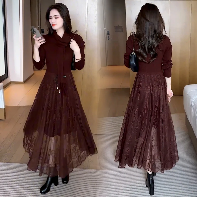 时尚针织连衣裙女2024秋冬新款洋气显瘦中长款打底裙配大衣毛衣裙