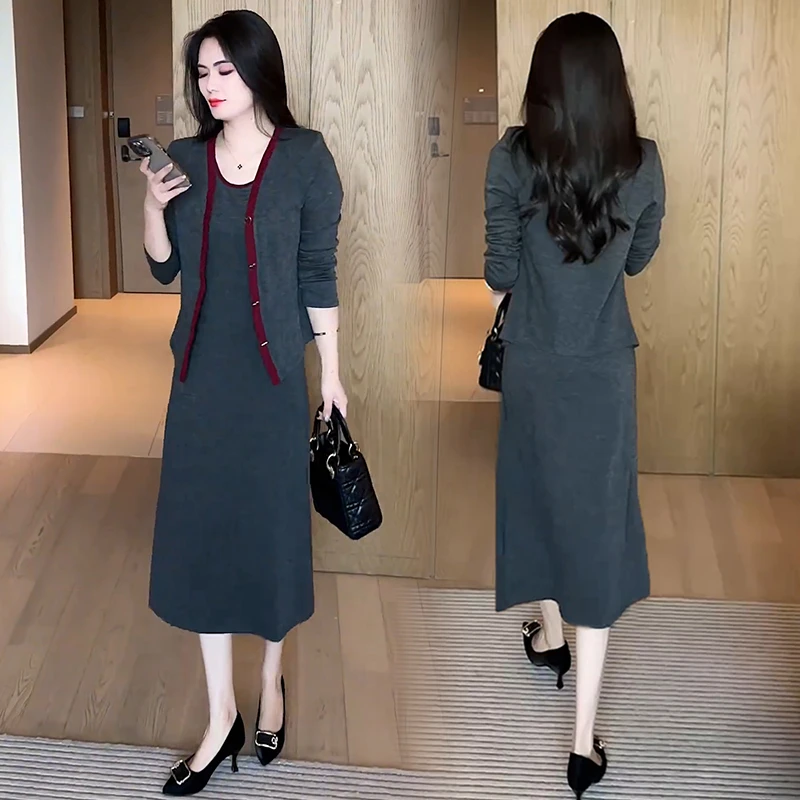 时尚休闲套装裙女2024秋季新款洋气开衫外套修身背心连衣裙两件套