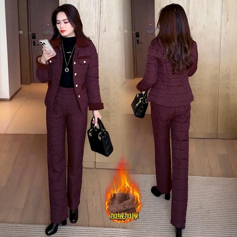 加绒加厚时尚套装女2024冬季新款洋气显瘦小香风棉衣棉裤两件套潮