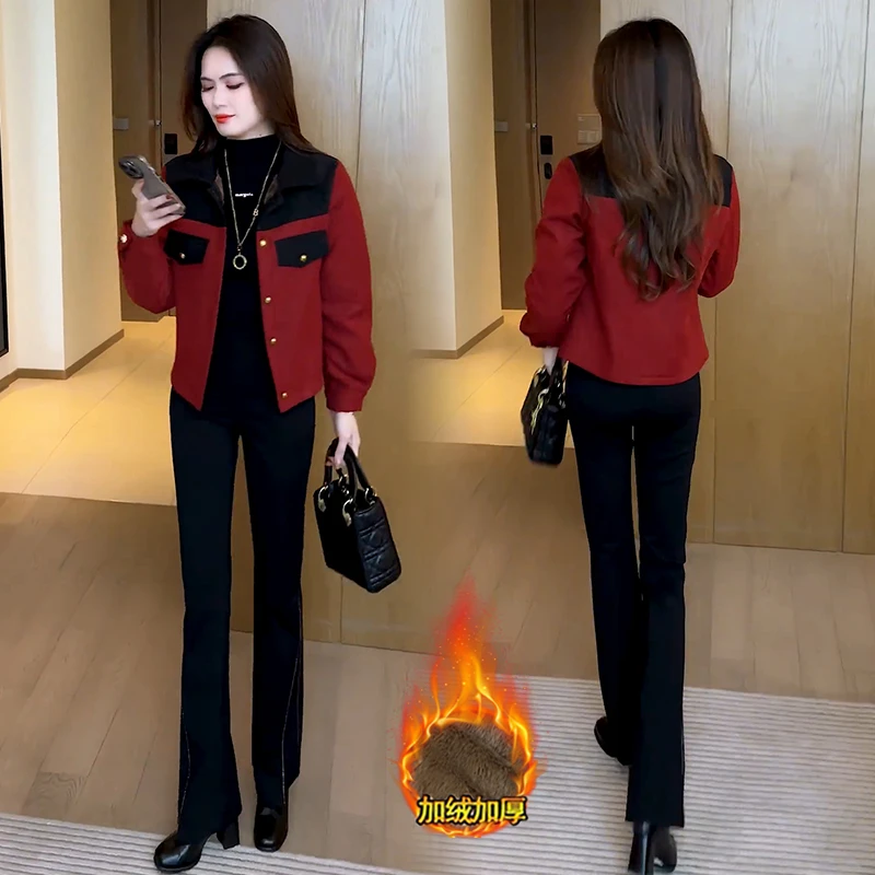 加绒加厚短款外套女2024冬季新款洋气质修身显瘦撞色休闲夹克上衣