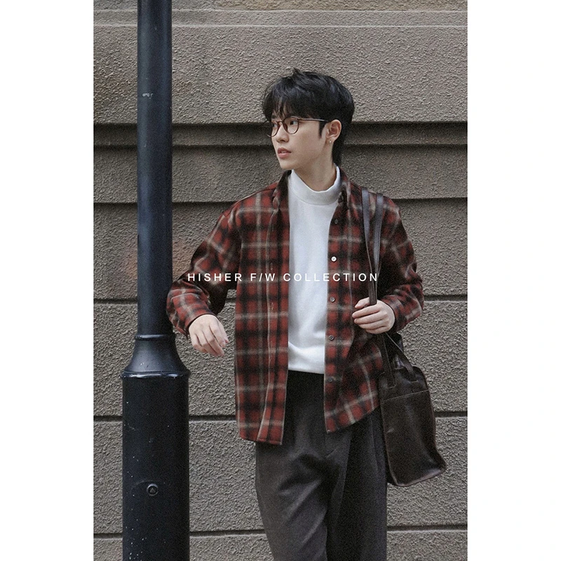 HISHER出柜小个子中性风磨毛加厚格纹长袖氛围感衬衫