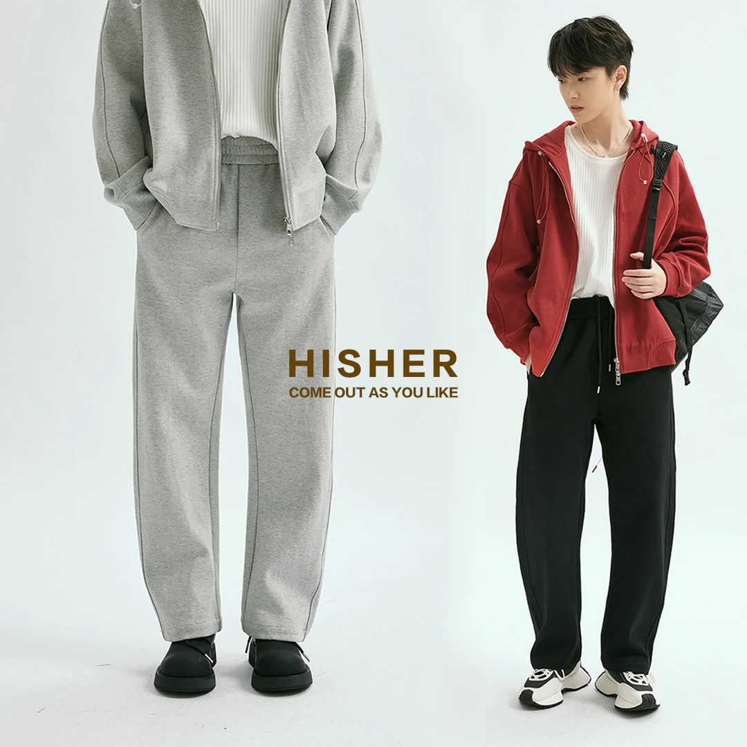 HISHER出柜小个子中性风紧密纺遮胯显瘦弯刀形卫裤