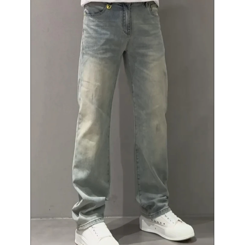 2025春季新款男士时尚水洗磨白直筒牛仔裤百搭中腰弹力时尚欧货