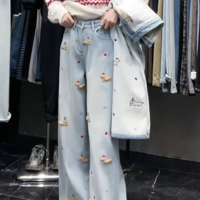 【卡通狗】设计感绣花水洗软牛仔阔腿拖地裤LK2500678