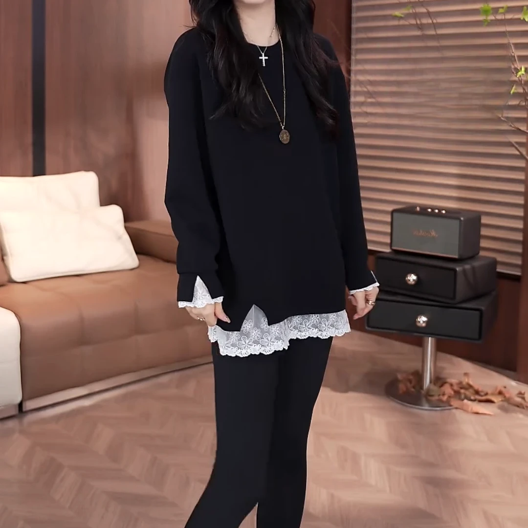 2024秋冬新款设计感假两件显瘦长袖拼接蕾丝打底上衣LK2500756