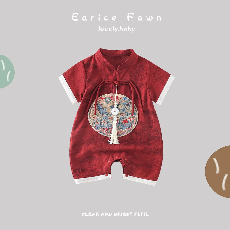 QQ婴儿夏季薄款哈衣男女宝宝春夏装满月百天中国风连体衣超萌爬爬