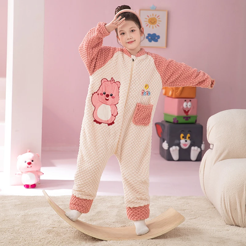 冬季加厚珊瑚绒连体防踢被睡衣儿童可爱卡通男女宝宝拉链款家居服