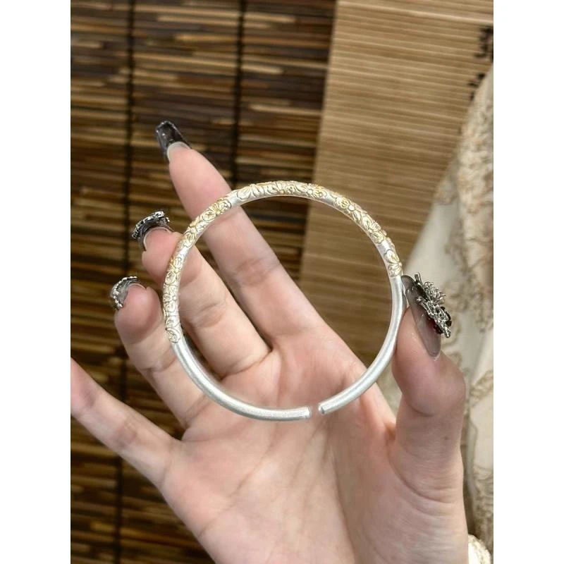 足银手镯 足银999.9【金樱花】24k 描金手工开口手镯新中式国风